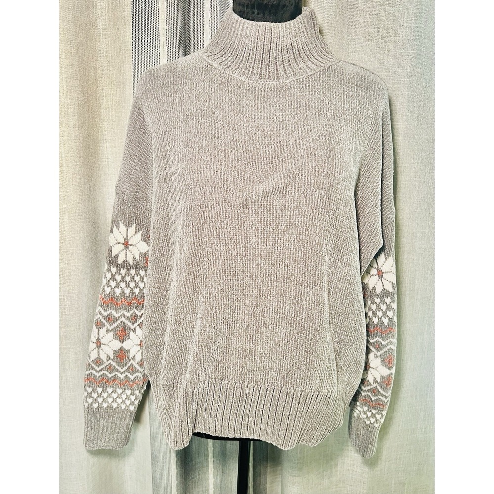 Christian Siriano Womens Large Taupe Gray Sweater Snowflake Super Soft Mock Neck
